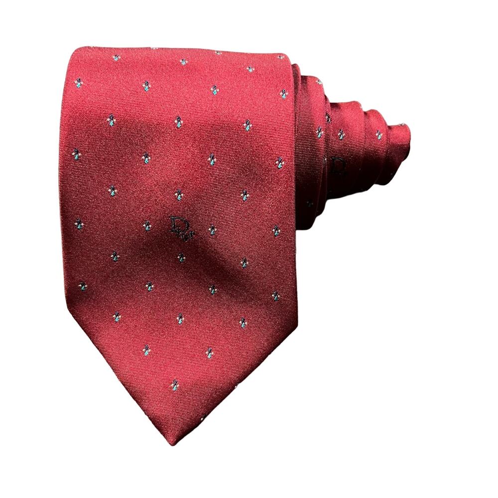 Christian Dior Mens Tie Necktie Red Dotted Tied Wide Woven Logo Classic USA